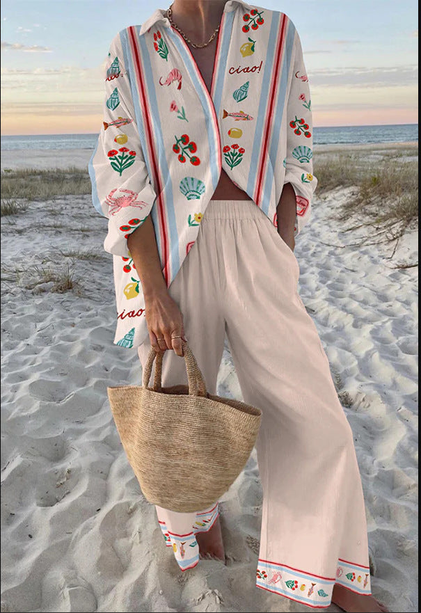 Women's Digital Flower Hawaiian Vacation Style Shirt Suits