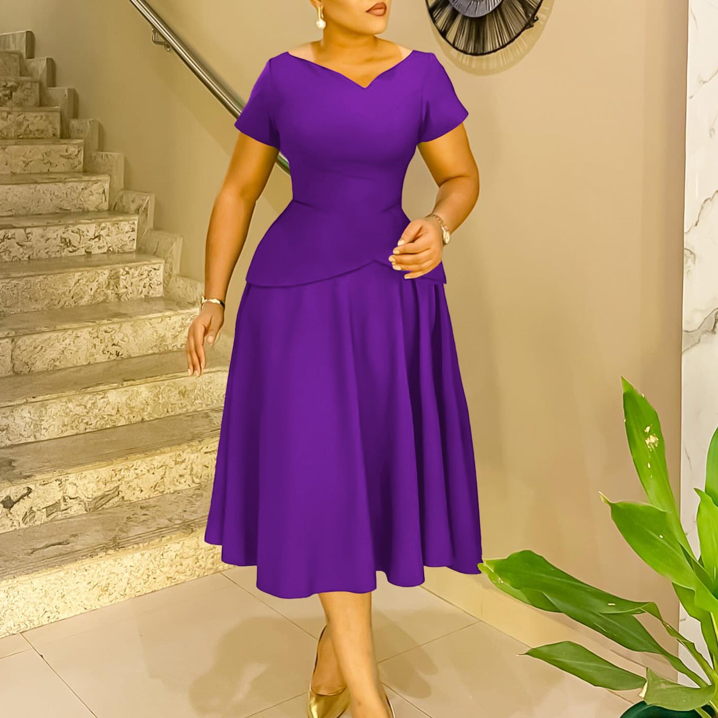 Solid Color Sleeve A- Line Large Dresses