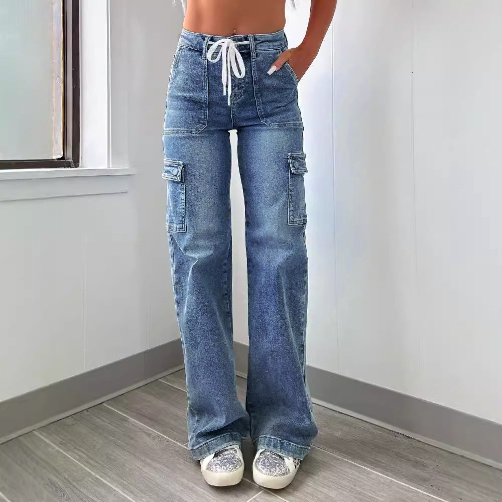 Women's Straight American Casual Lace Up Functional Jeans