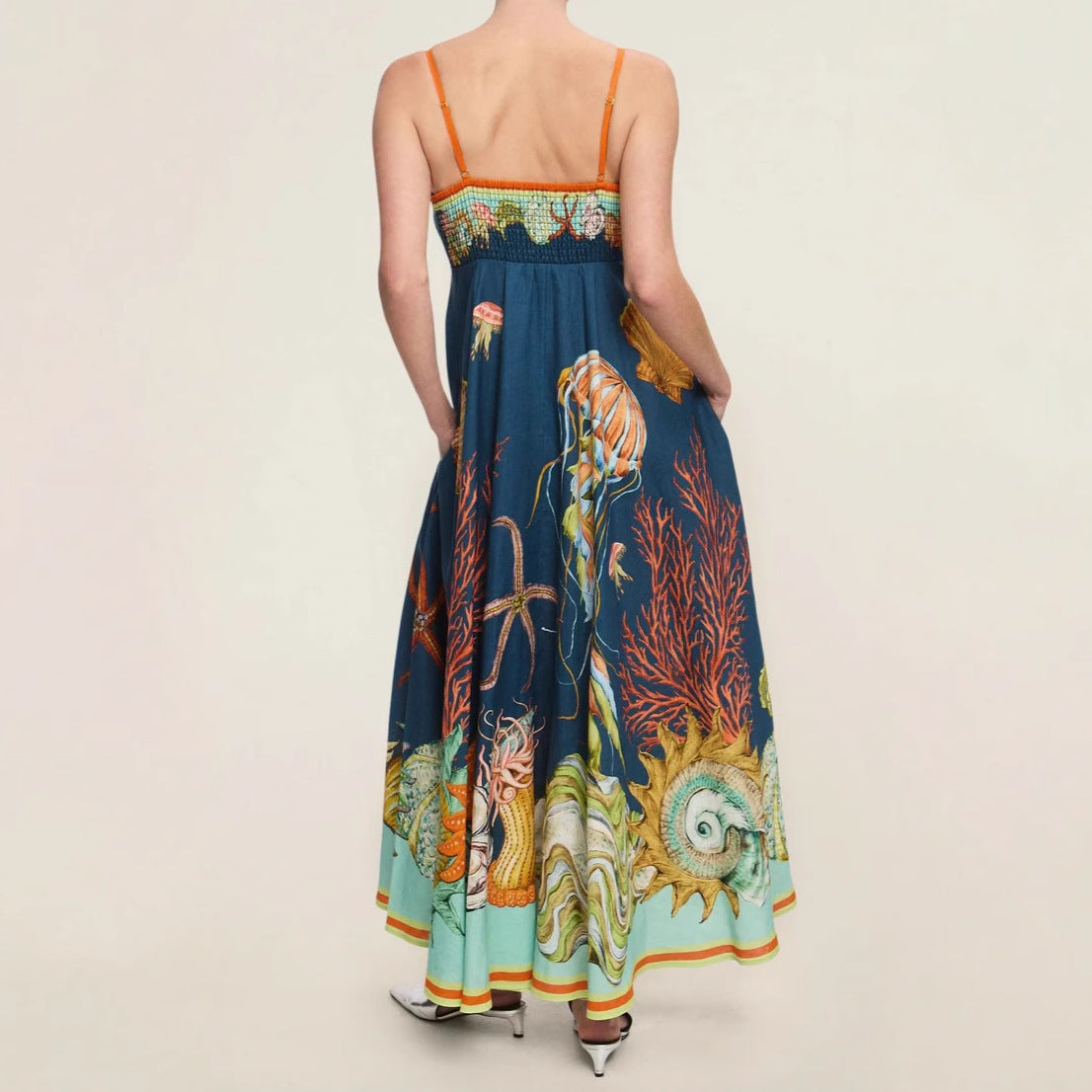 Women's Summer Elegant Printed High Waist Sling Large Swing For Island Dress