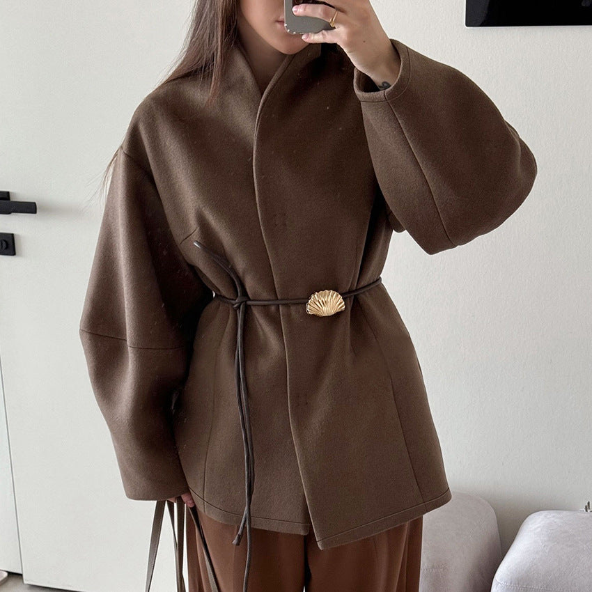 Women's High-grade Brown Woolen Design Temperament Fashion Coats
