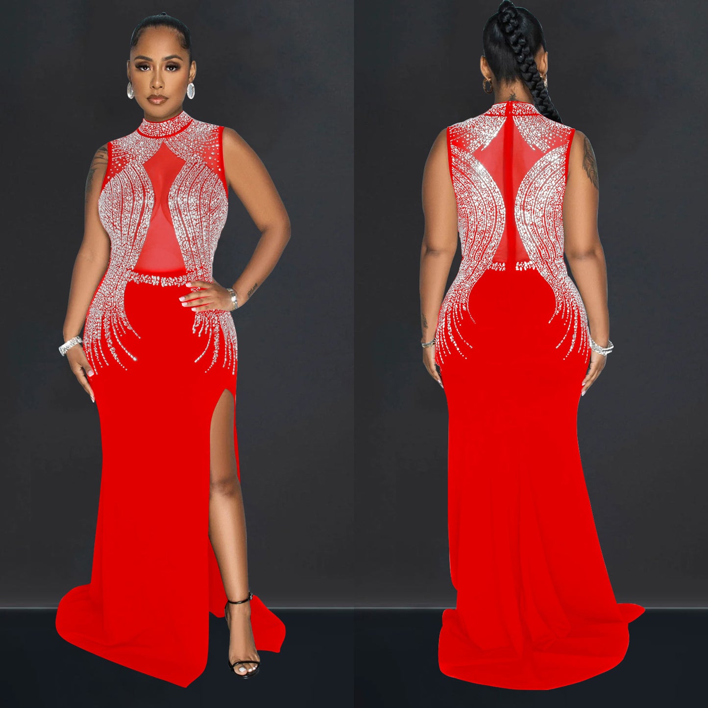 Women's Wear Pure Color Mesh Hot Drilling Split Dresses