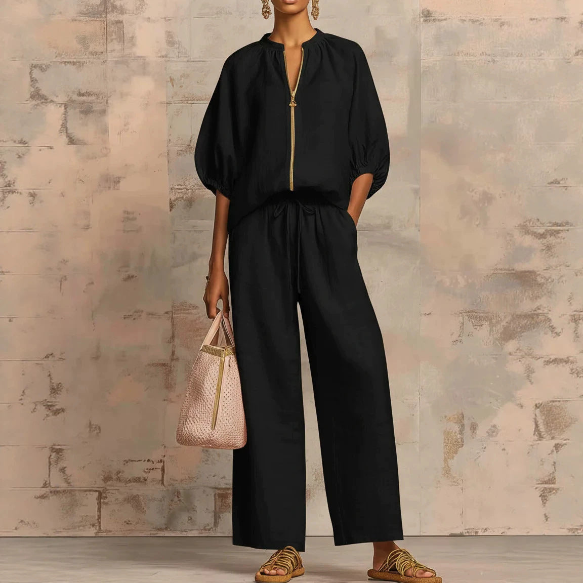 Loose Vacation Style Zipped Round Neck Wide Suits