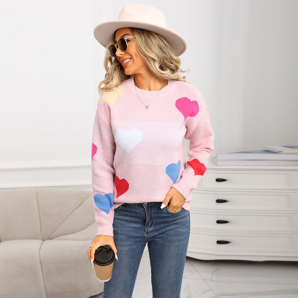 Women's Love Valentine's Day Small Peach Heart Round Neck Sweater