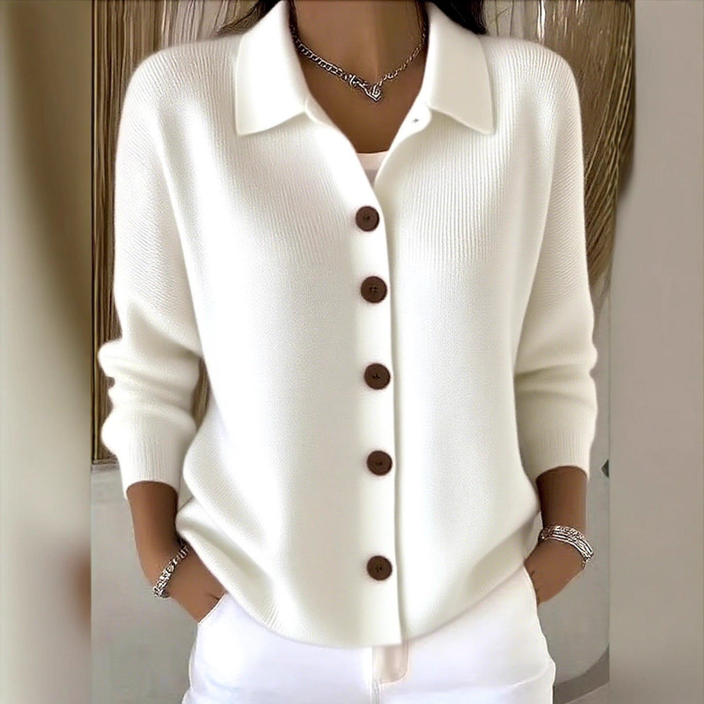 Women's Button Knitted Lapel Solid Color Casual Fashion Sweater
