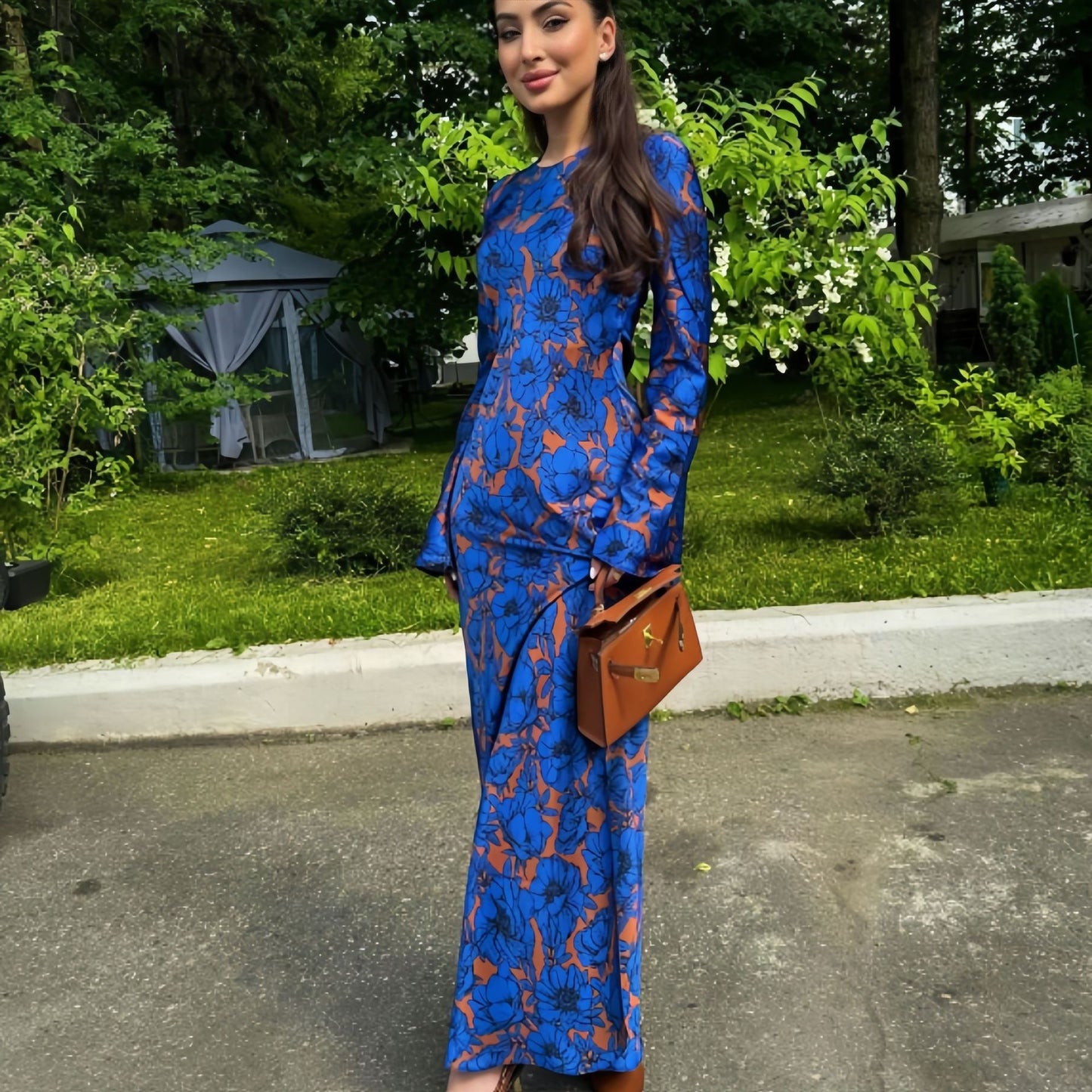 Fashionable Temperament Printed Long-sleeved Waist Dress Dresses