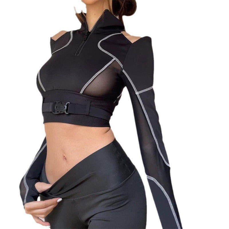 Mesh Patchwork Cropped T-shirt Hot Slimming Reverse Car Blouses