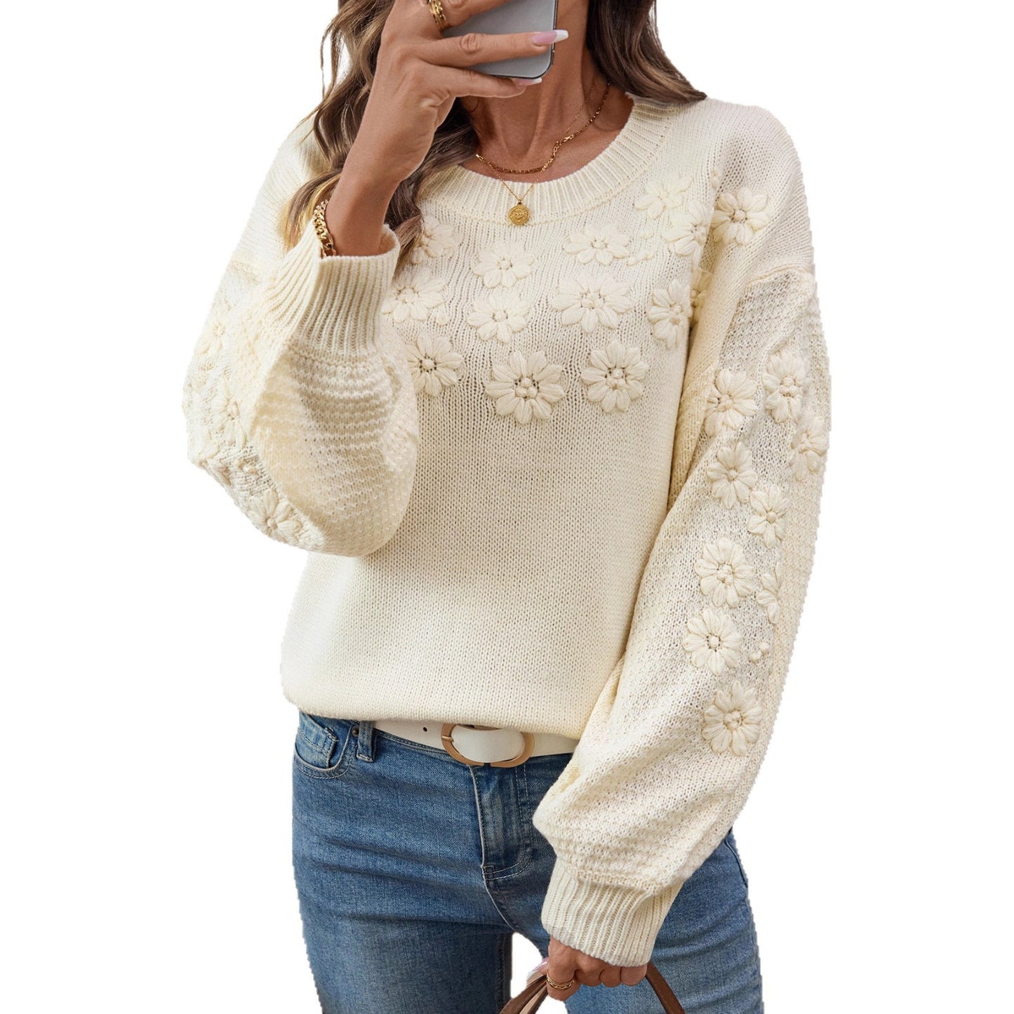 Three-dimensional Little Daisy Pullover Round Neck Sweaters