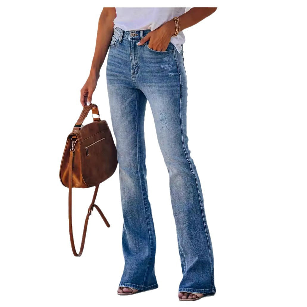 Women's Temperament Commute Ripped Bootleg Washed Stretch Jeans