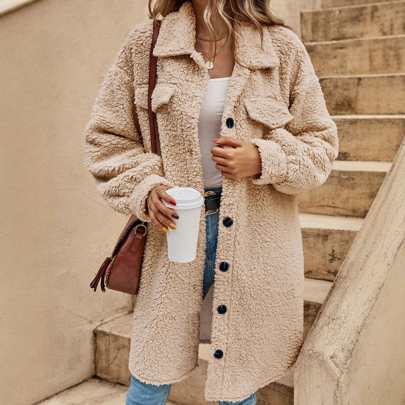 Women's Winter Buckle Lapel Plush Loose Temperament Coats