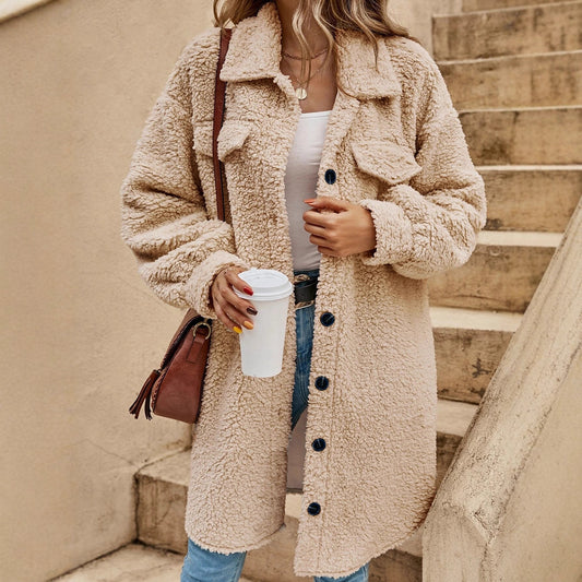 Women's Winter Buckle Lapel Plush Loose Temperament Coats