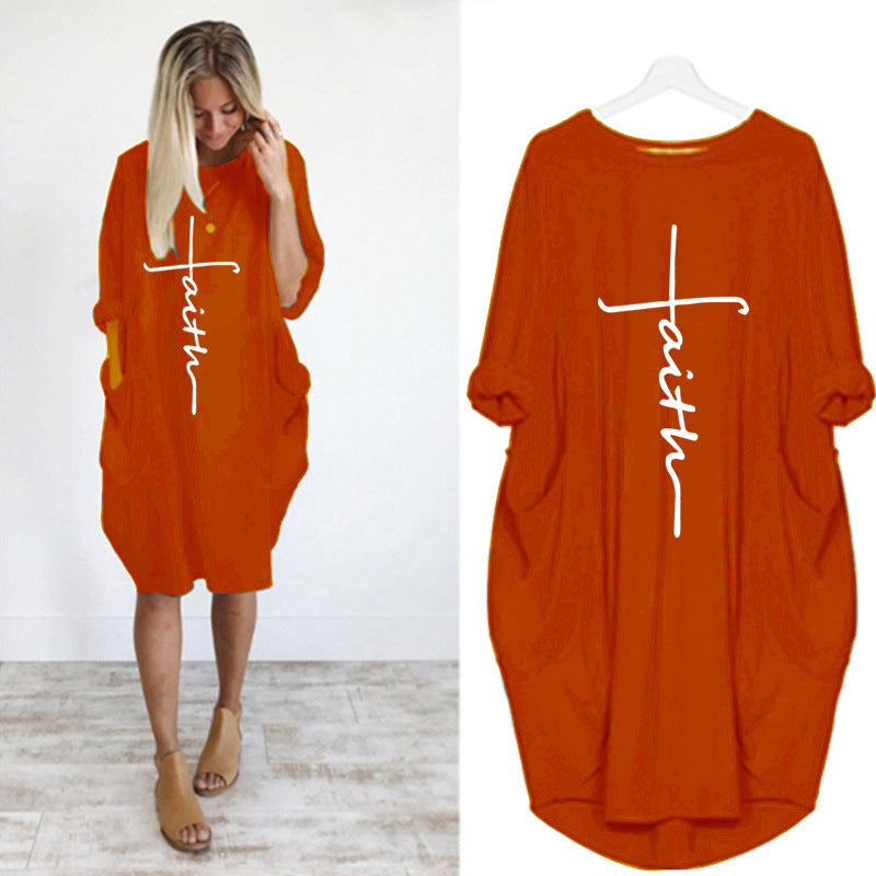 Women's Neck Long Sleeve Cross Printed Wear Dress