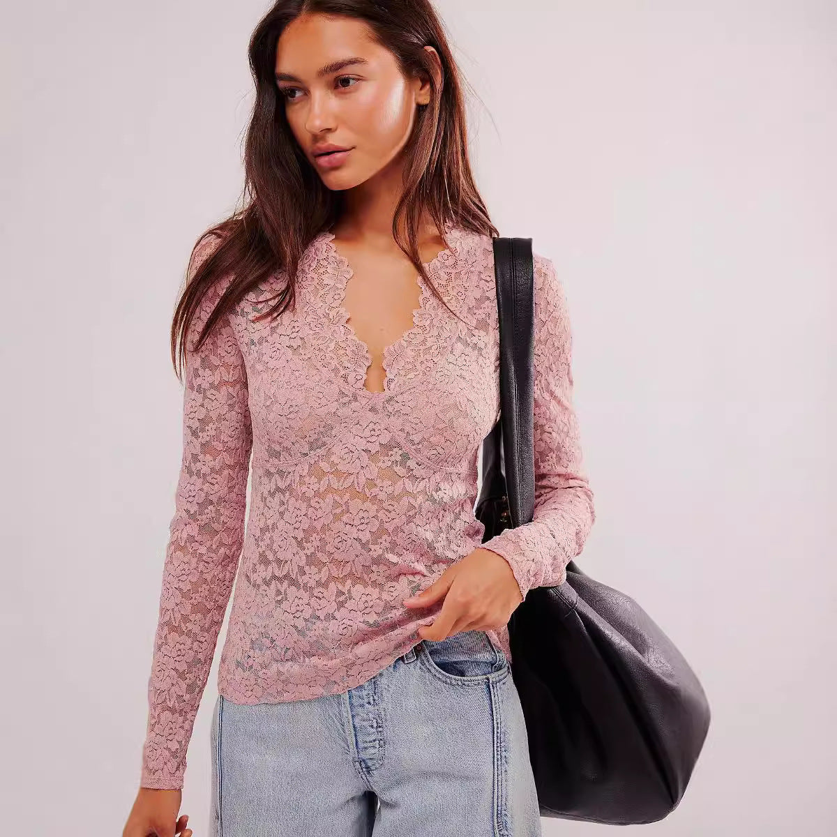 Women's Hollow Lace Long-sleeved Bottoming Shirt Sexy Blouses