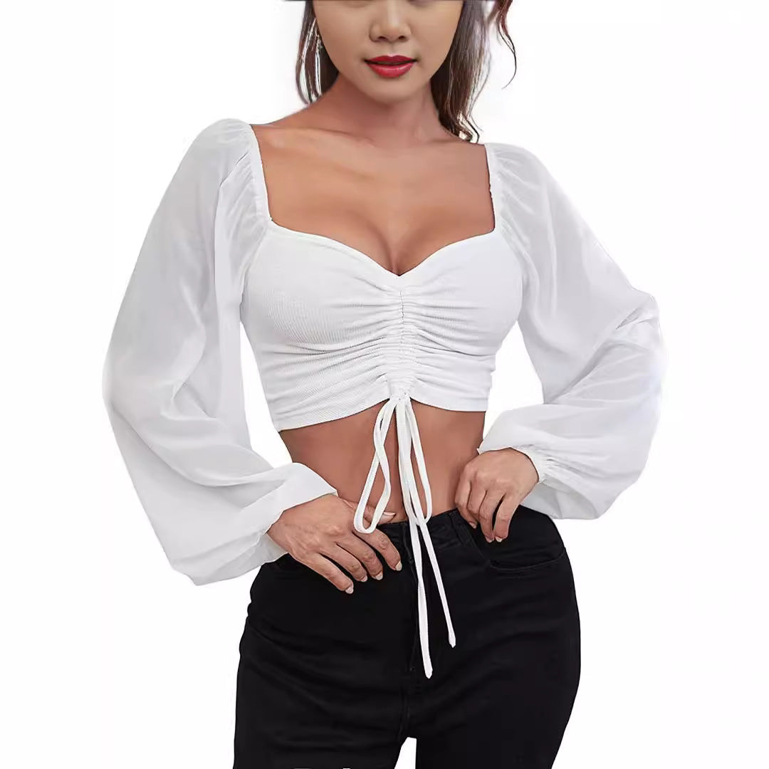 Women's Sexy Stitching Chiffon Drawstring Lantern Sleeve Tops