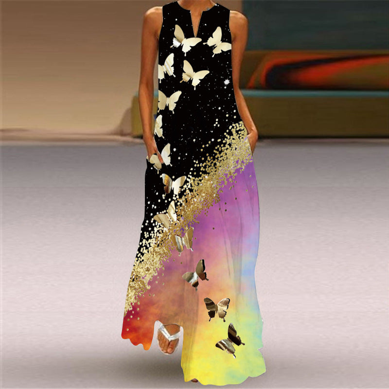 Women's Summer Sleeveless Vintage Printed Dress Long Dresses