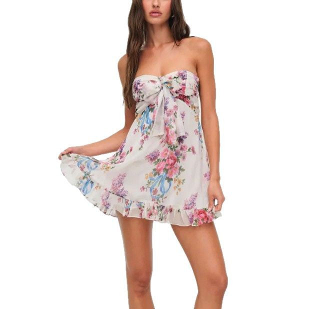 Sexy French Style Printed Translucent Floral Strapless A- Dress