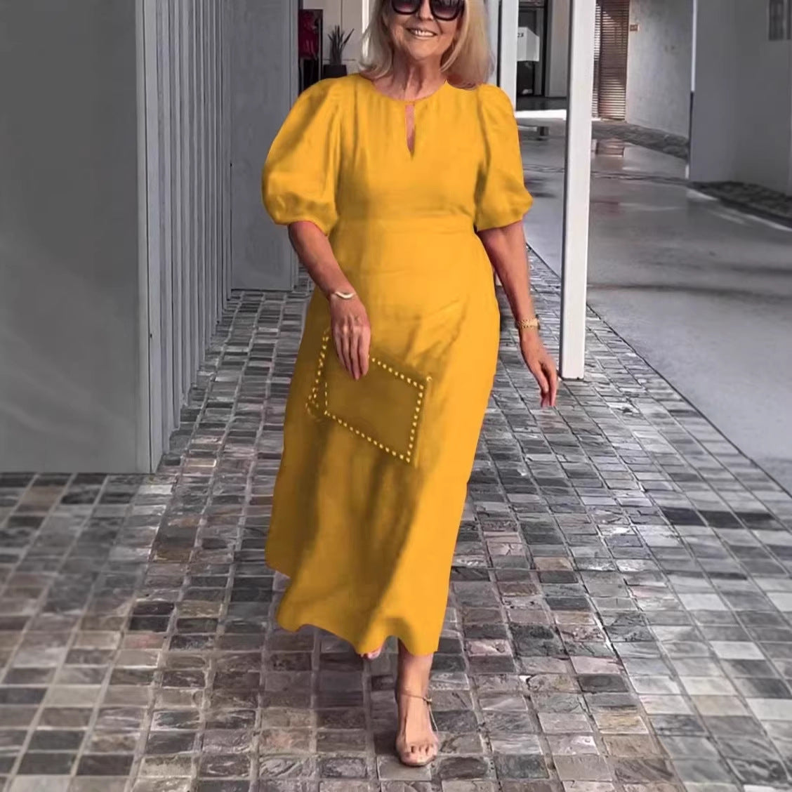 Women's Solid Color Loose-fitting Casual Puff Sleeve Dress