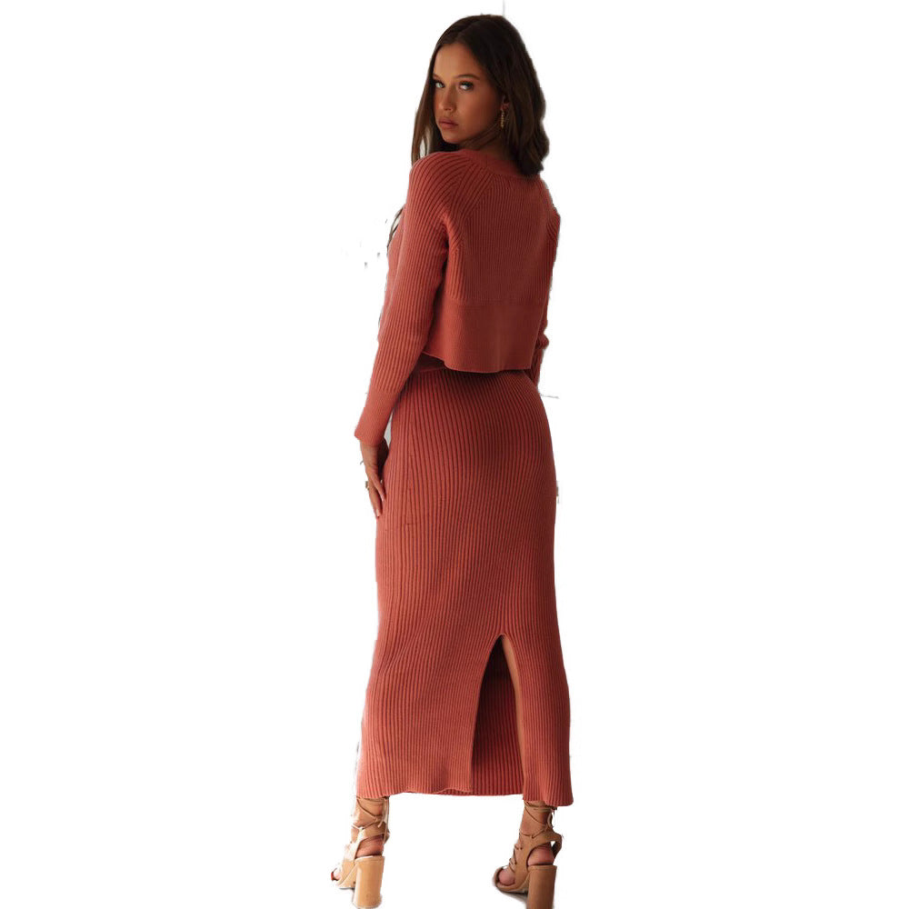 Fashion Color Dress Knitted Slit Long Suits
