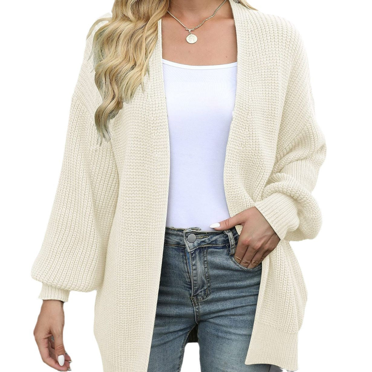 Women's Lantern Sleeve Coarse Yarn Pocket Knitted Women's Sweater