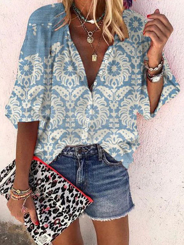 Women's Fashion Summer Stand Collar Loose Button Retro Blouses
