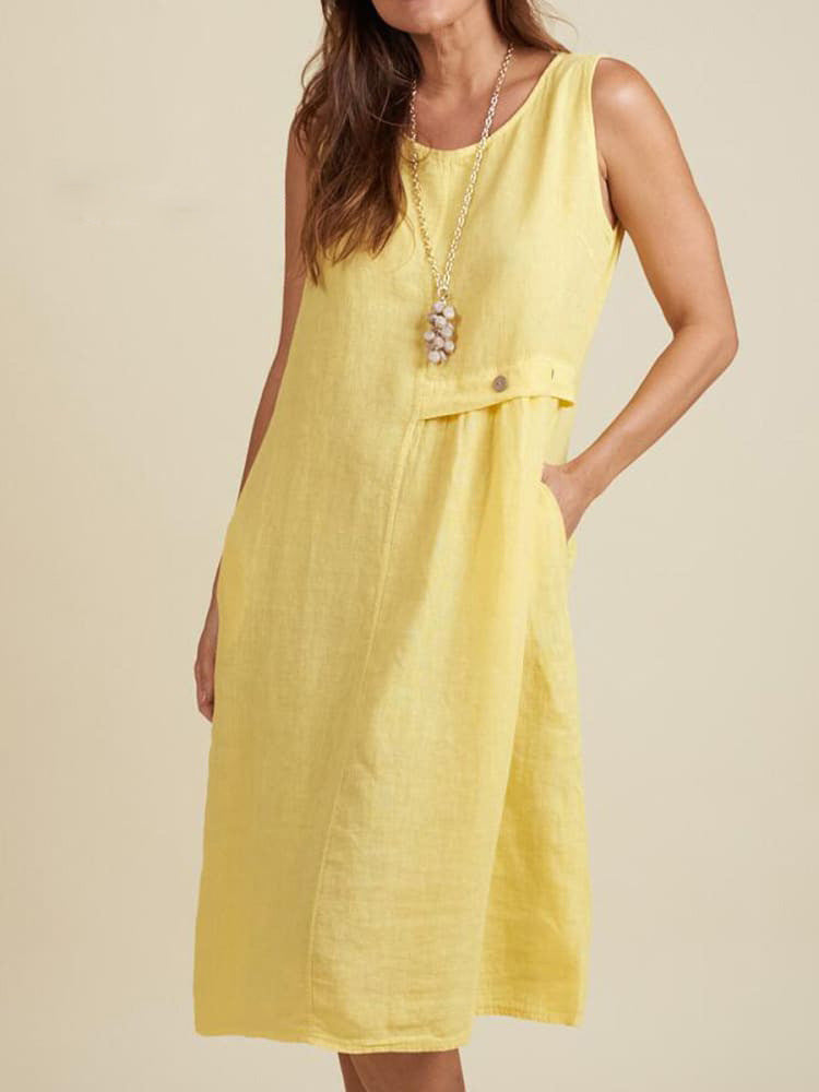 Women's Summer Button Pocket Sleeveless Round Neck Cotton Dress