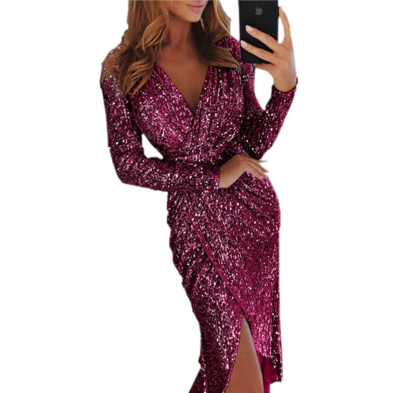 Women's Gilding Long-sleeved Shiny For Dinner Sexy Dress