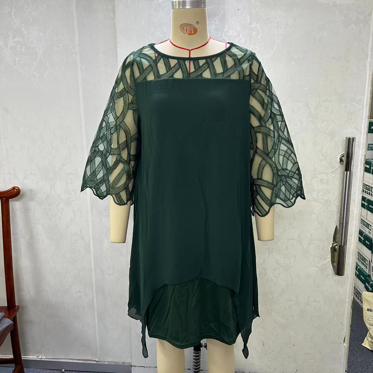 Lace Stitching Sleeve Irregular Hem Chiffon Dress