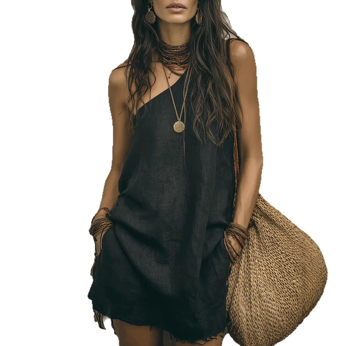 Oblique Shoulder Solid Color Bohemian Style Characteristic Dress