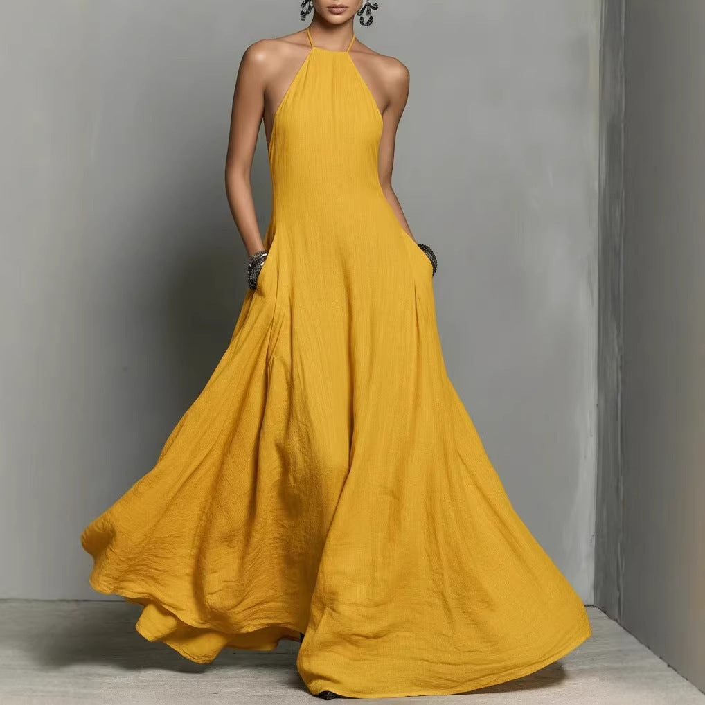 Cotton Linen Blended Simple Backless Sleeveless Dress