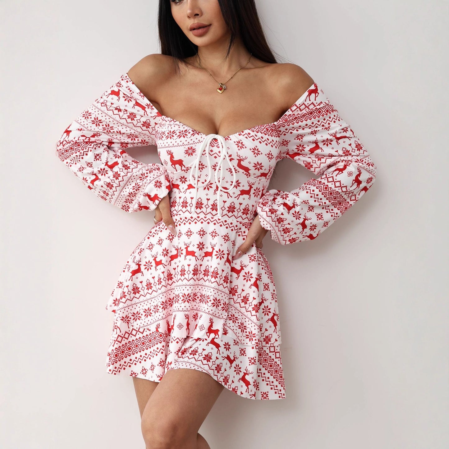Women's Christmas Printed Drawstring Backless Long Sleeves Dress