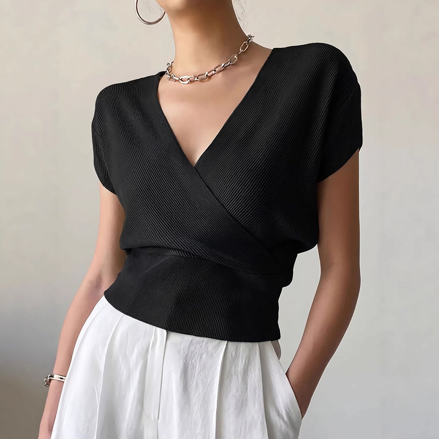 Women's Color With Cross Collar On Both Sides Easy Matching Waisted Women's Sweater