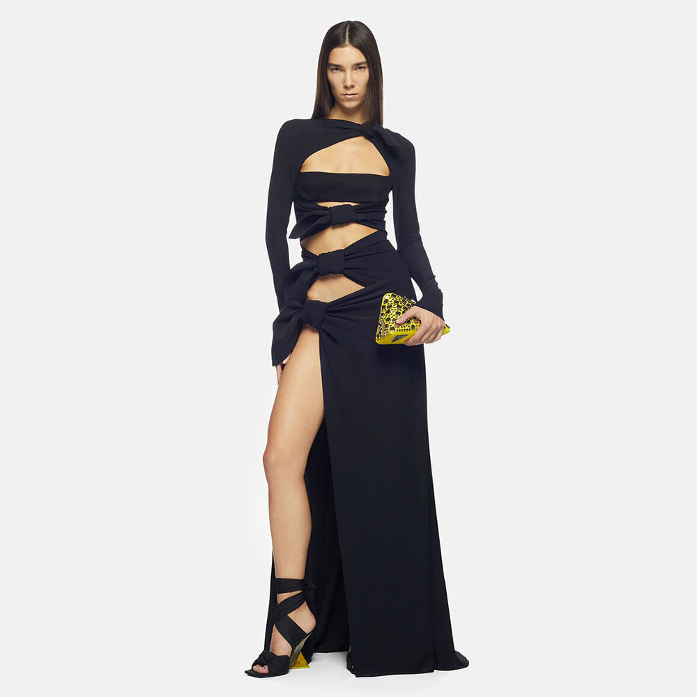 Women's Long-sleeved Dress Long Elegant Low-cut High Dresses