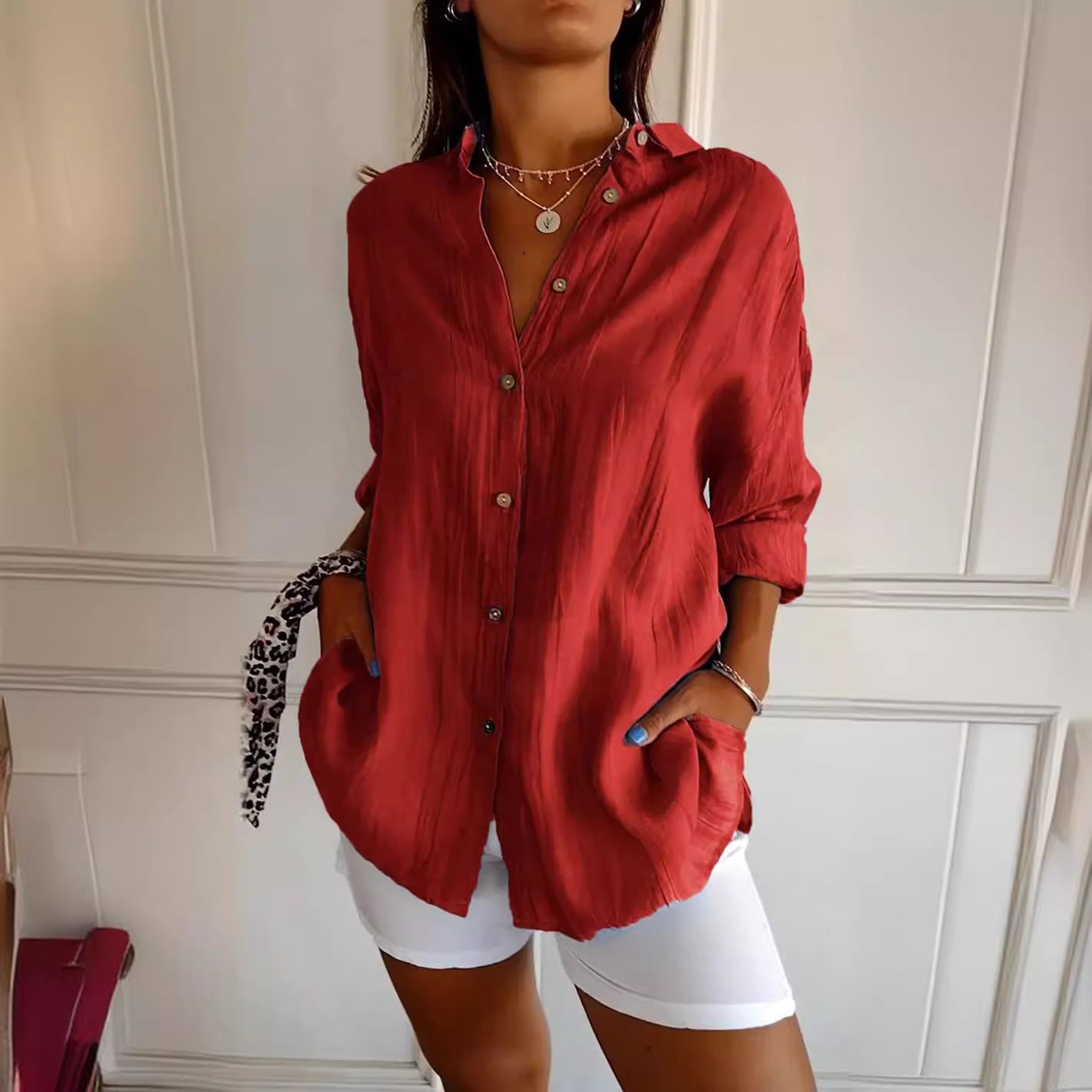 Women's Single-breasted Pleated Lapel Shirt Solid Color Blouses