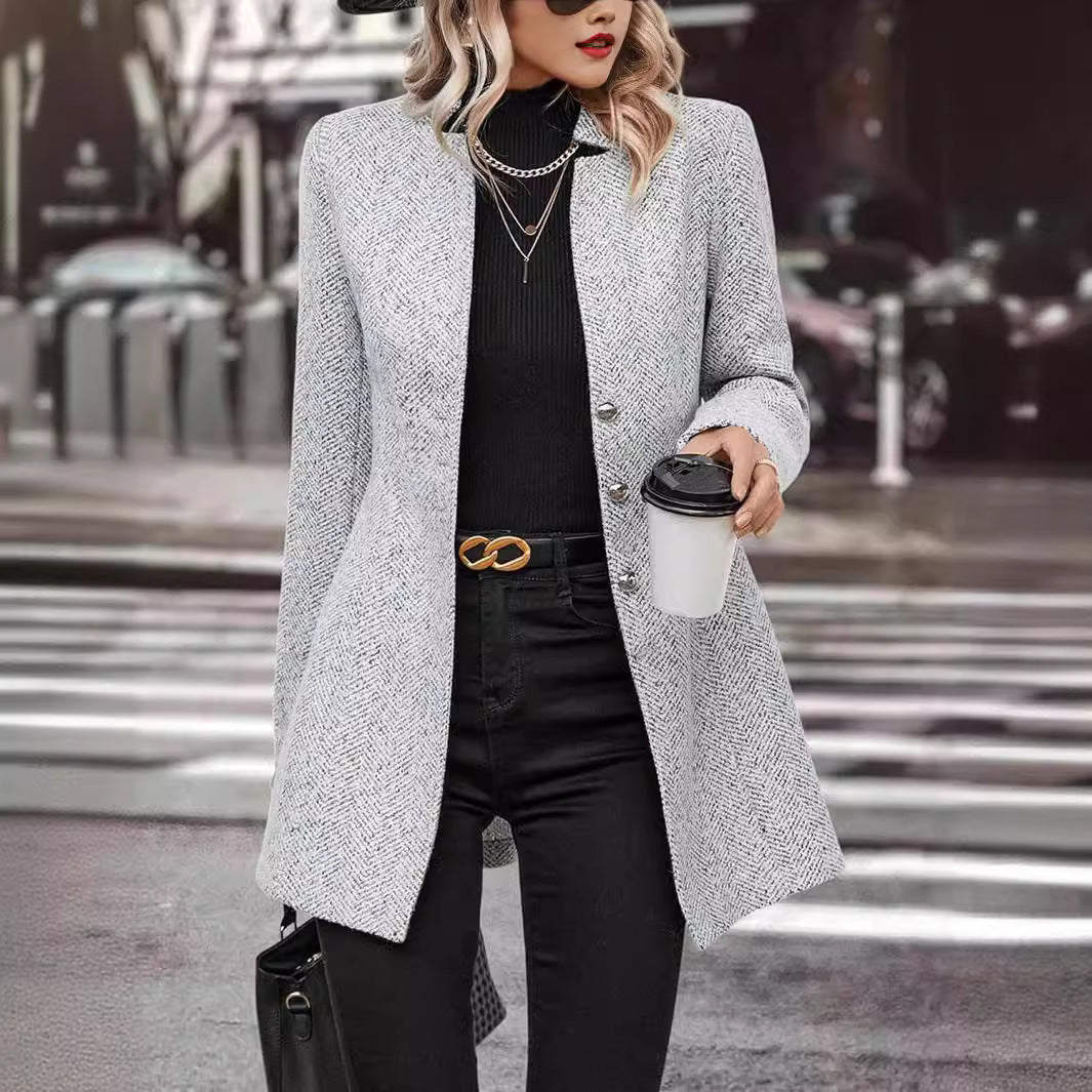 Women's Solid Color Stand Collar Button Trench Coats