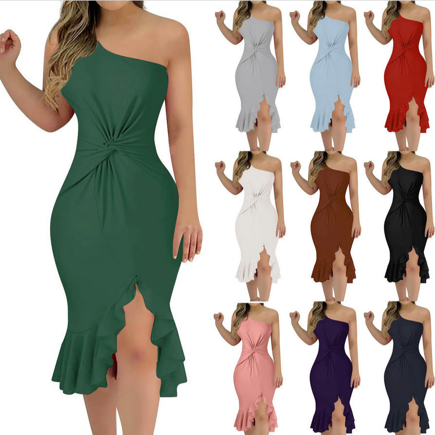 Women's Solid Color Backless Ruffles Slim Fit Long Dress