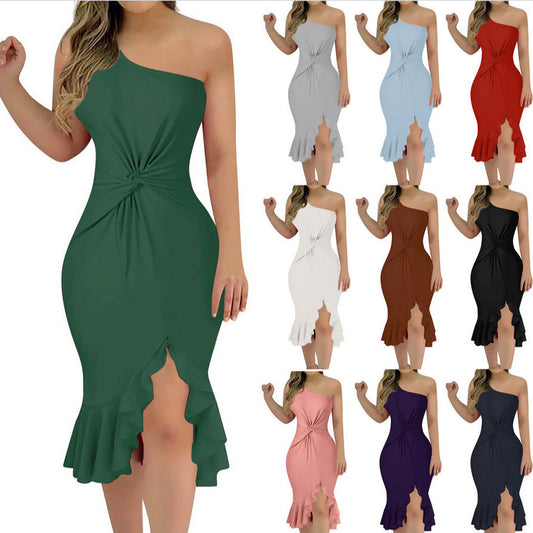Women's Solid Color Backless Ruffles Slim Fit Long Dress