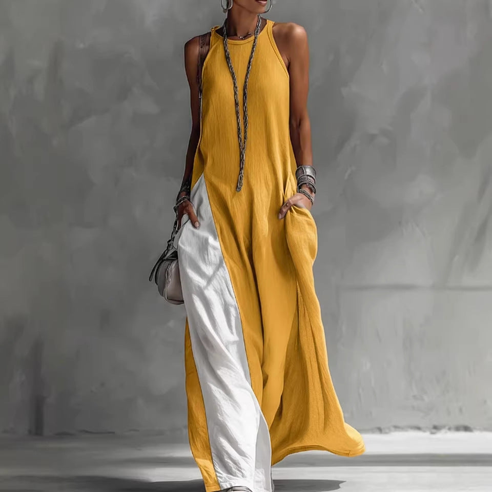 Women's Sleeveless Loose Pockets Contrast Color Casual Dress