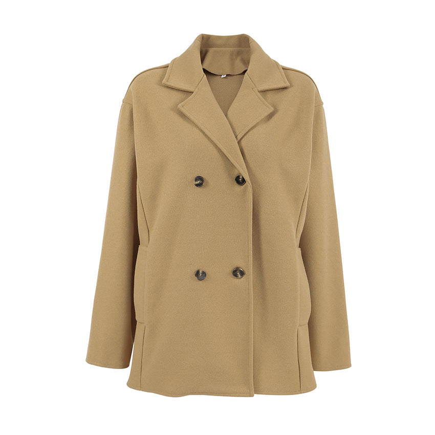 Women's Woolen Mid-length Loose Thick Brown Double-breasted Coats