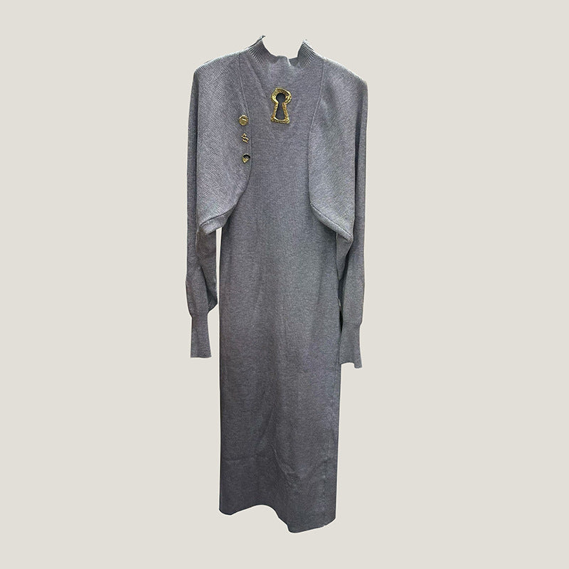 Women's Elegant Metal Decorative Batwing Sleeve Knitted Elastic Long Dresses