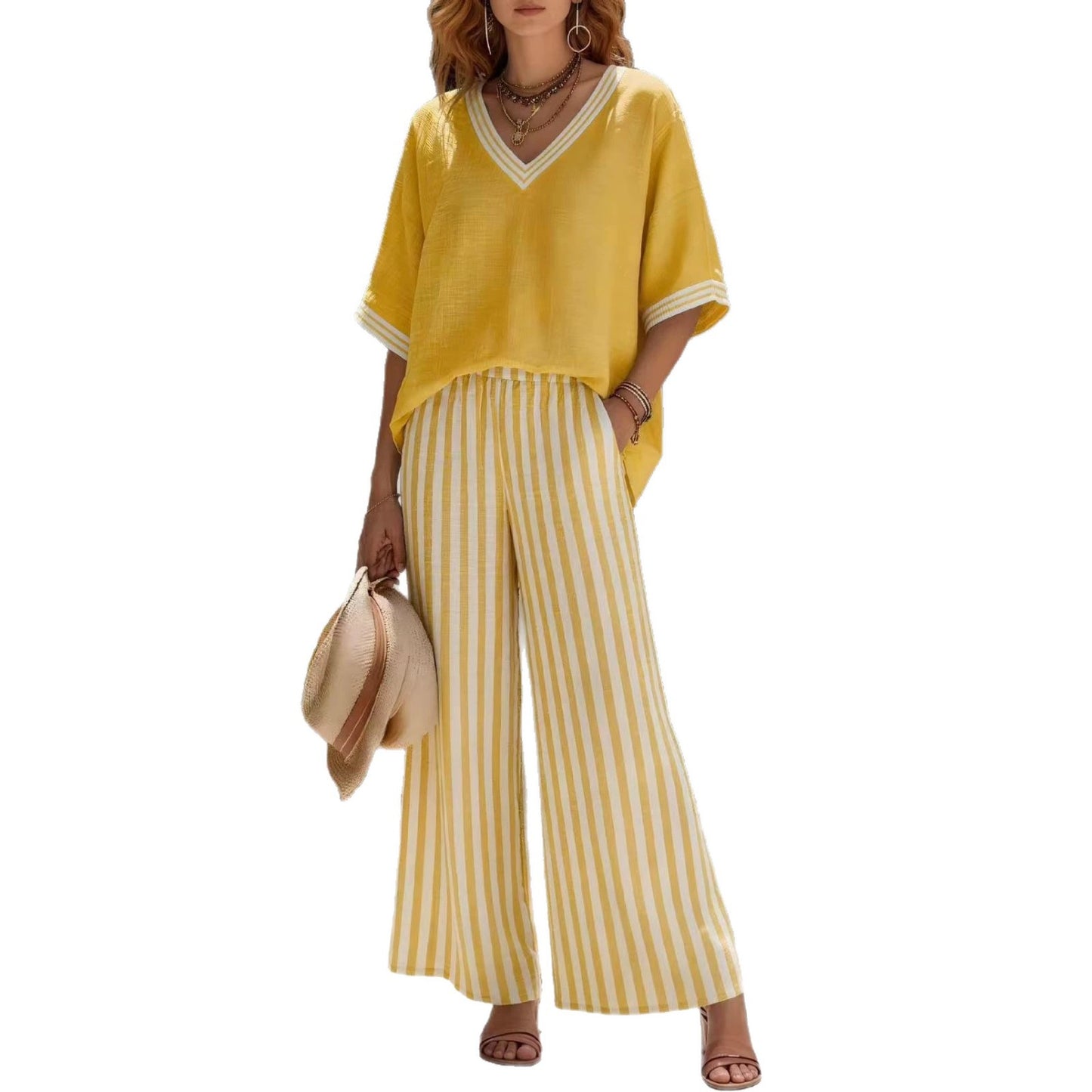 Women's Summer Cotton Linen Loose Sleeve Striped Two Fashion Casual Suit