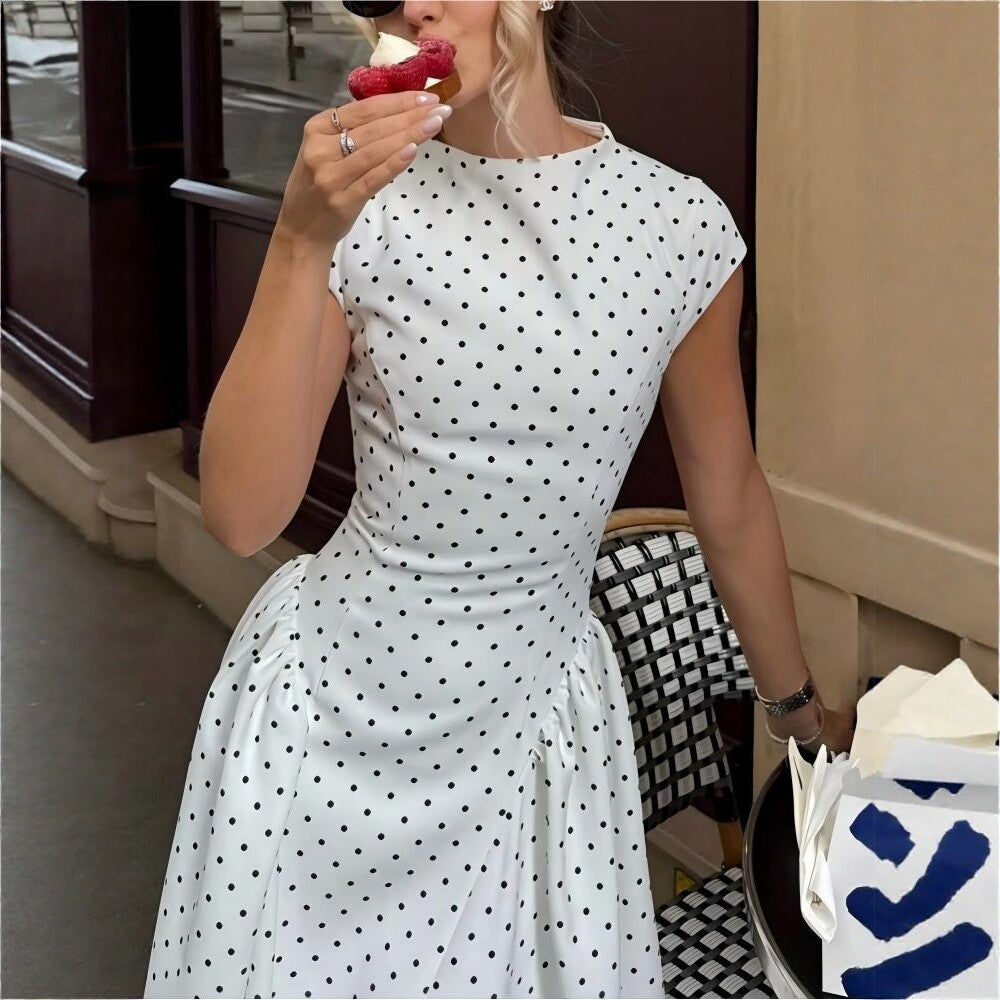 Elegant Retro Round Neck Polka Dot Printed Style Long Dress