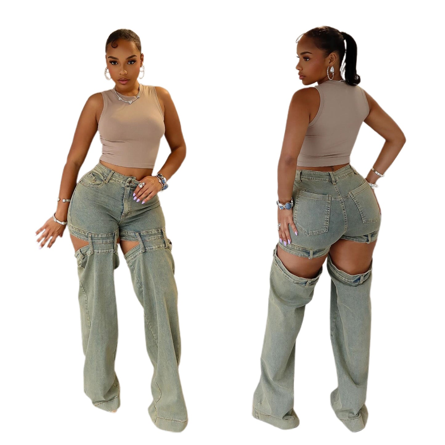 Women's Straight Street Fashion Retro Washed Hollow Jeans