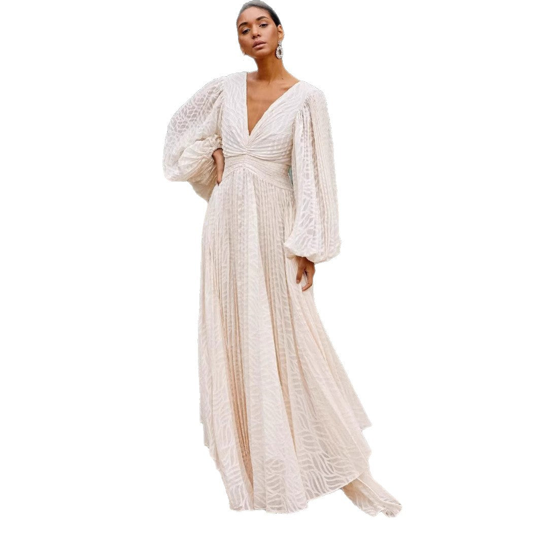 Women's Long-sleeved Oversized Jacquard Pleated Lantern Sleeve Dresses