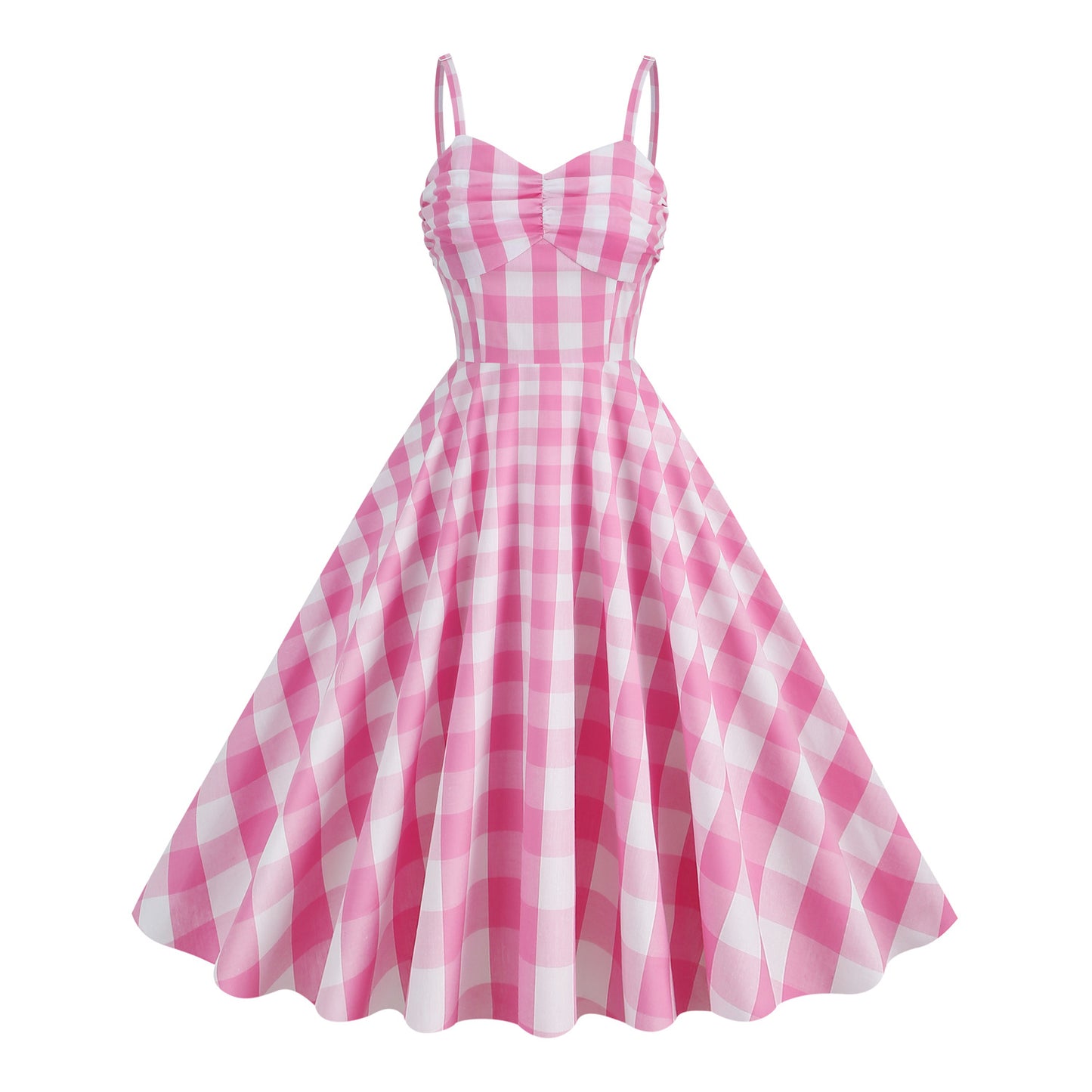 Holiday Barbie Pink Plaid Striped Spaghetti Straps High Waist Mid-length Dress
