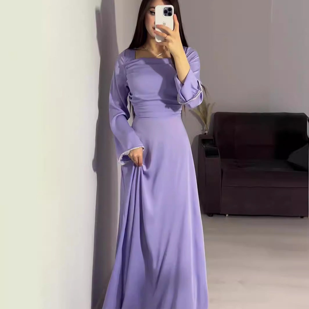 Spring Diamond Studded Hand Ribbon Design Long Sleeve Satin Dresses