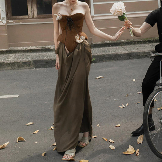 Women's Style Bow Decorative Tube Dress Niche Waist Tops