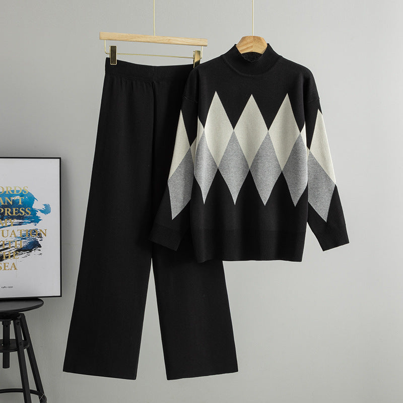Women's Rhombus Mock Neck Idle Style Two-piece Fashion Casual Suit