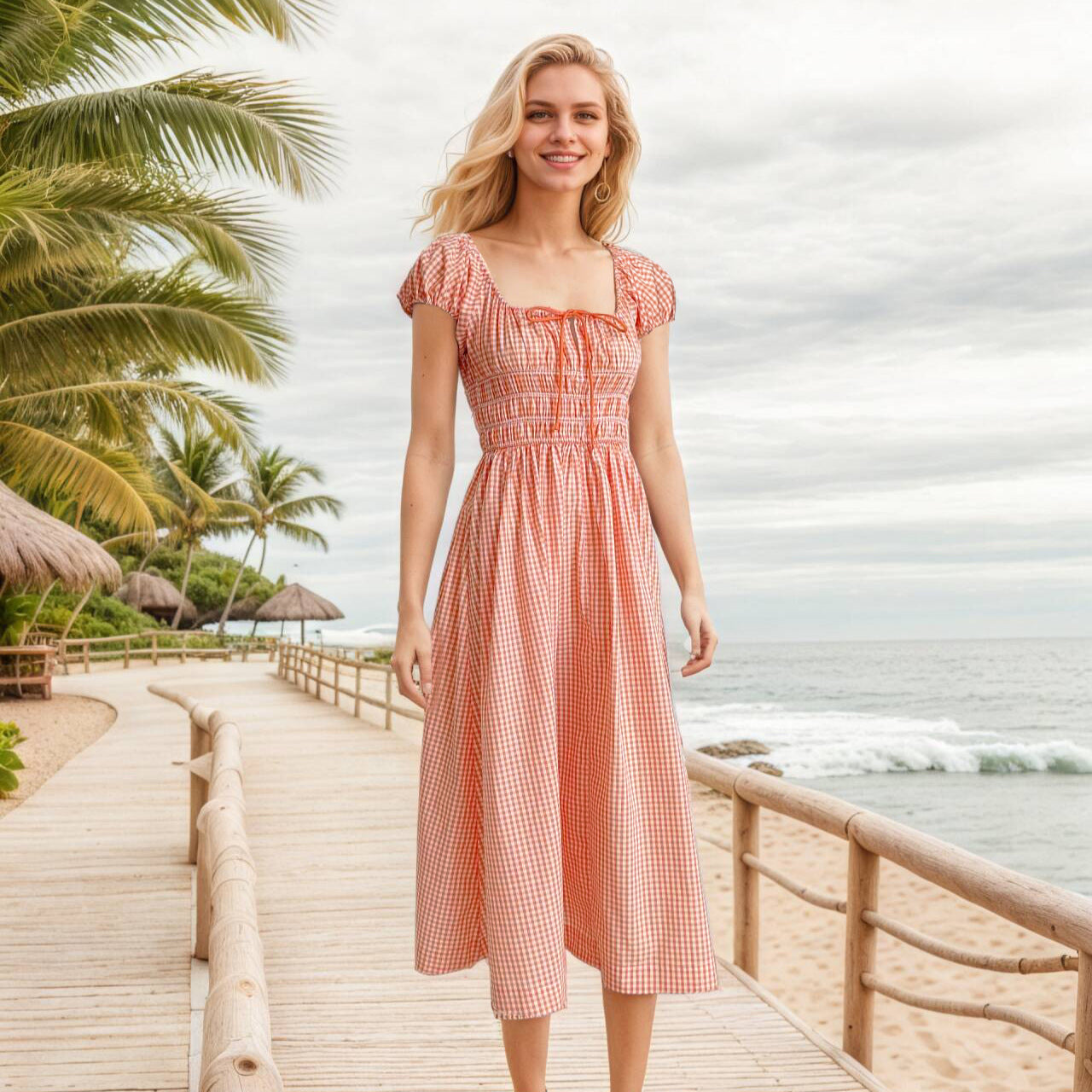 Women's Plaid Square Collar Cotton Holiday Waist Mid-length Dresses