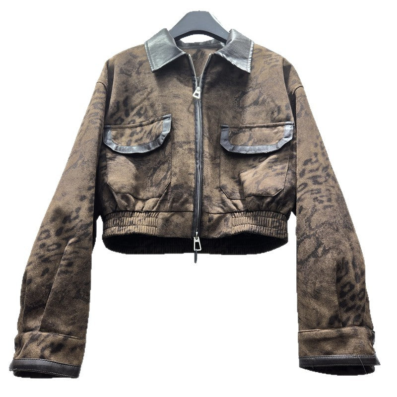 Women's Autumn Personality Leopard Splicing Leather Temperament Coats