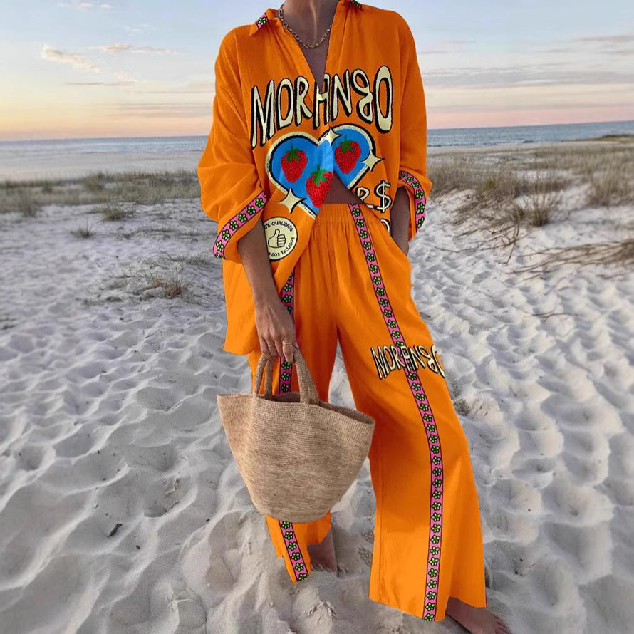 Women's Digital Flower Hawaiian Vacation Style Shirt Suits